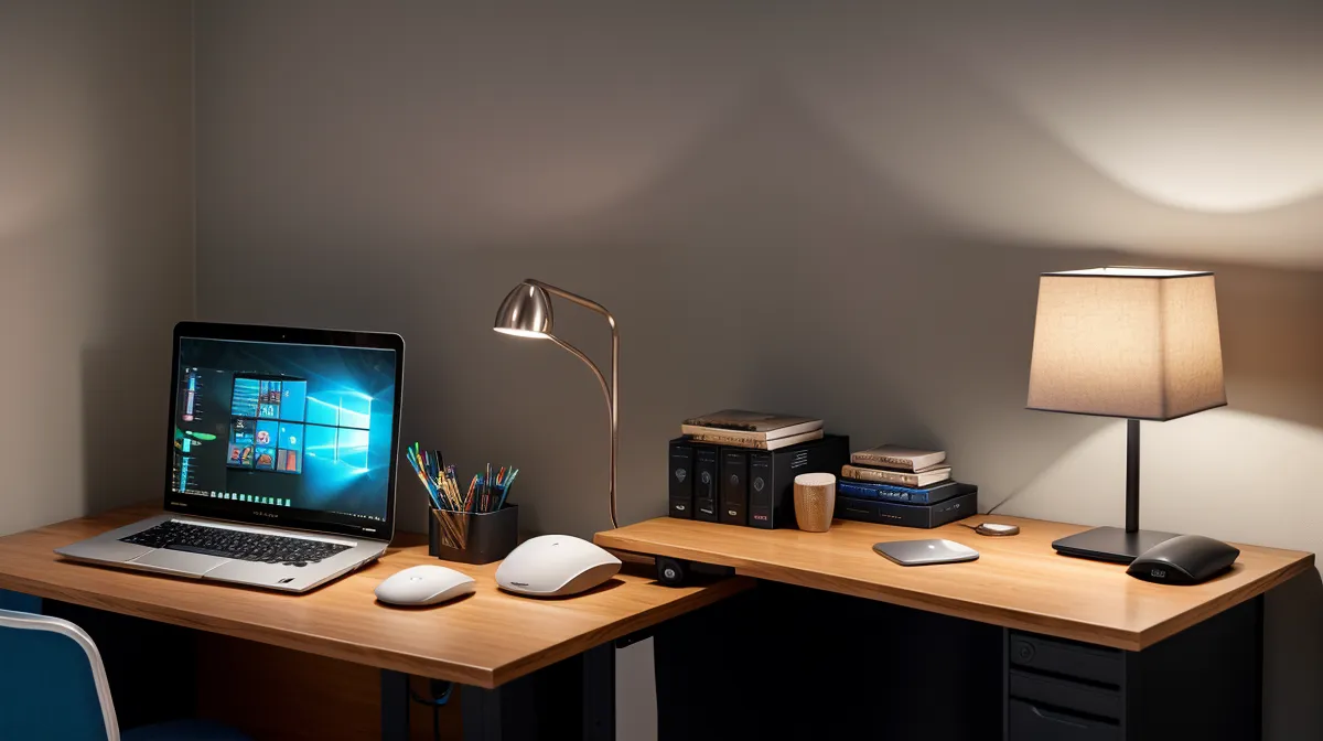 Deep work zone desk setup built inside a small living room office for remote work focus