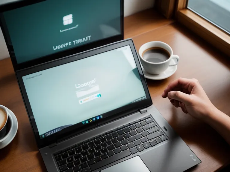Close-up of a developer's workspace showing a laptop with code and a coffee mug.