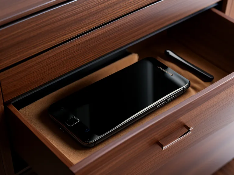 Smartphone placed in a drawer away from a remote worker's desk to prevent burnout after coding hours