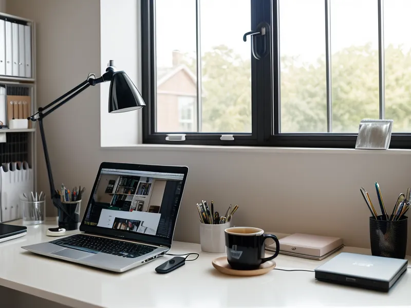 Freelance web developer's living room desk setup during a Neuro-Thrive memory supplement trial for work focus