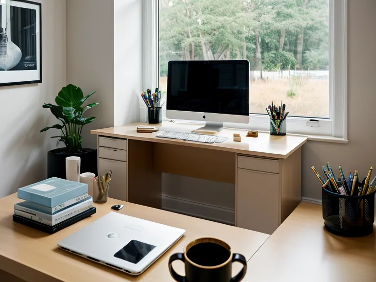 Organized remote work desk with brain health supplements and tech books nearby