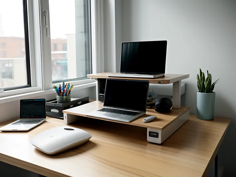 Ergonomic standing desk setup with monitor arm and laptop riser for better focus