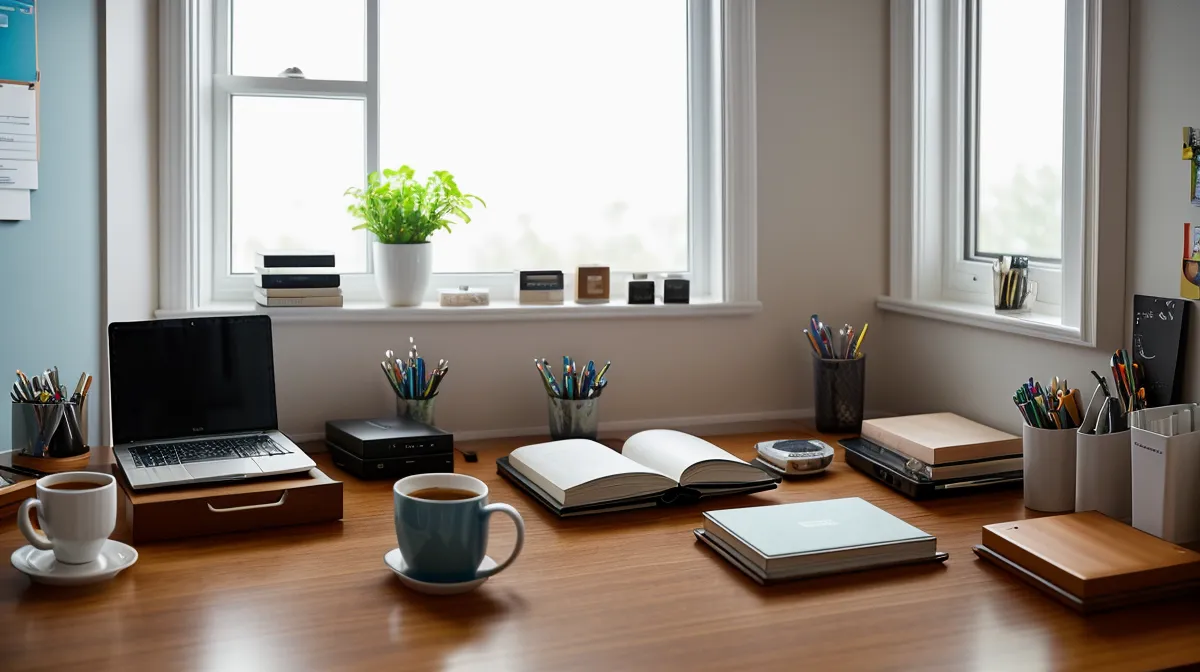 Freelance web developer's corner desk setup, illustrating a remote-work focus and productivity struggle